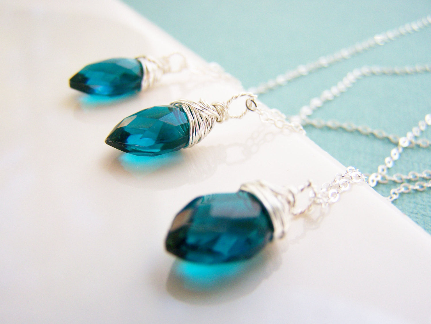 Teal Peacock Hydro Quartz Briolette Necklace, Sterling Silver - As Gifted at the Golden Globes