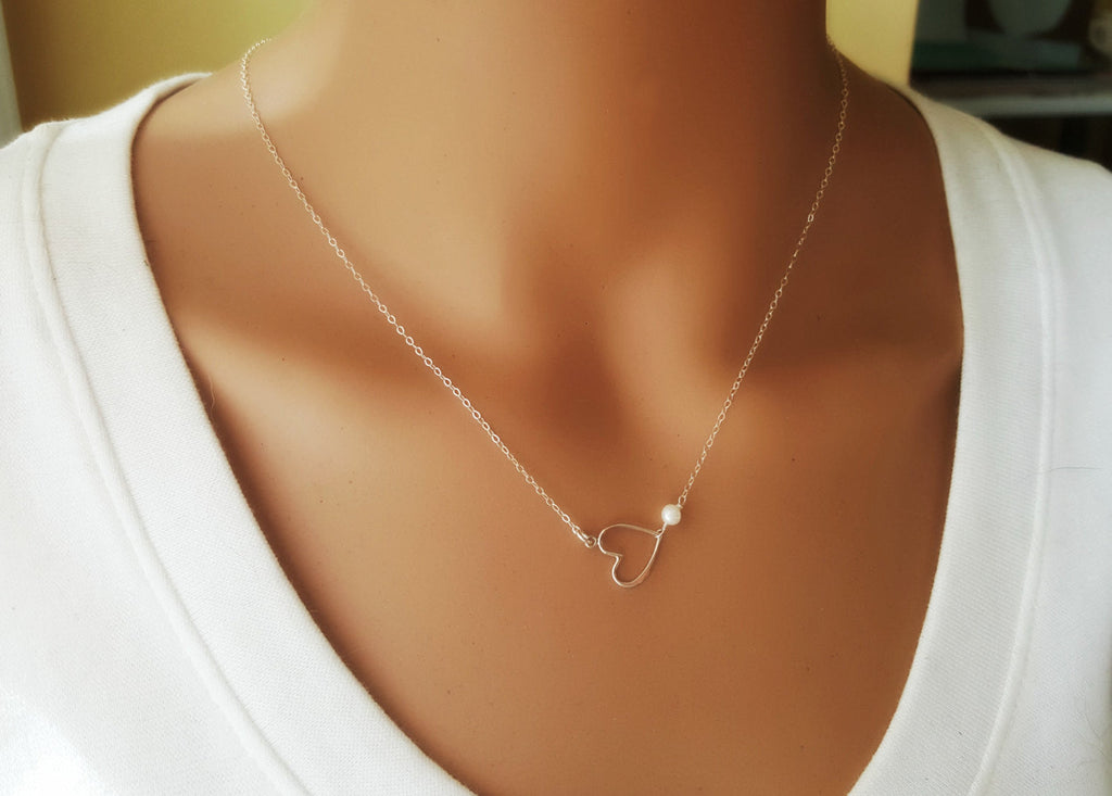 Collier Cœur Incliné avec Perle d'Eau Douce – Bijoux en Argent Sterling