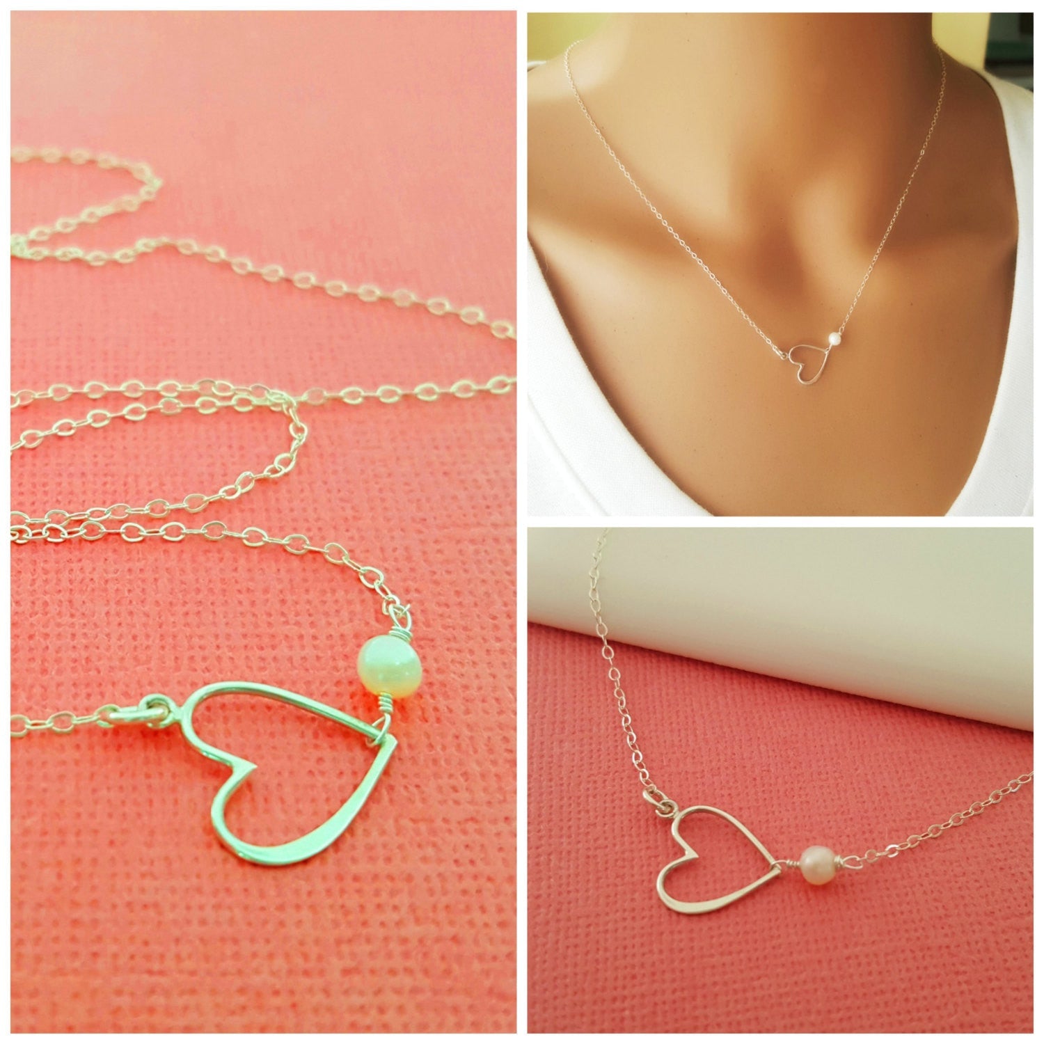 Collier Cœur Incliné avec Perle d'Eau Douce – Bijoux en Argent Sterling