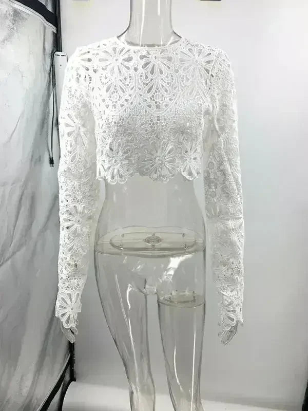 Nouvel ensemble deux pièces haut en dentelle ajourée + jupe