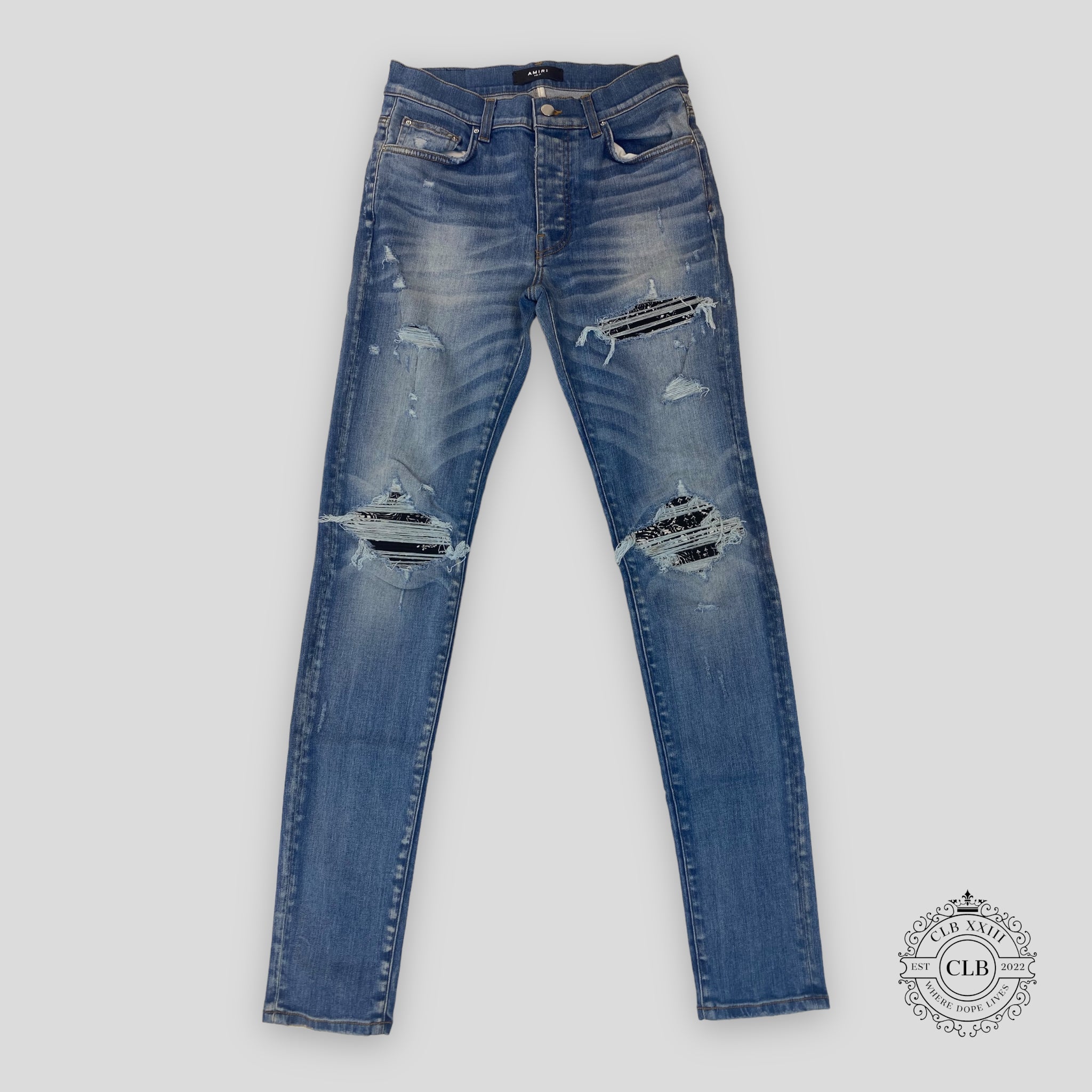 Jean Amiri MX1 Black Bandana Patch en indigo