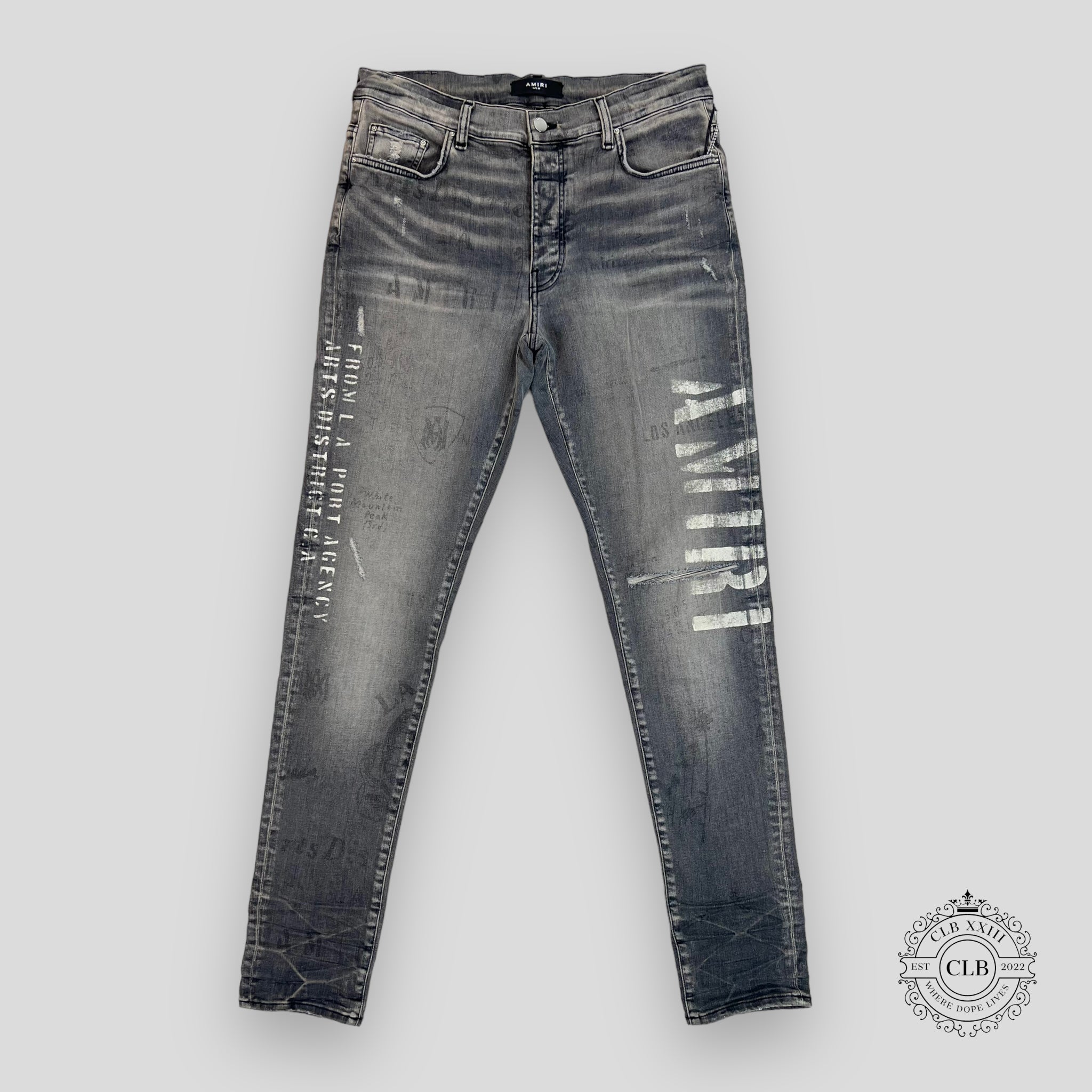 Jeans Amiri gris à motif militaire au pochoir