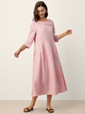 Robe mi-longue plissée en 100 % lin à col en croissant et boutons décoratifs à la taille GWENYTH