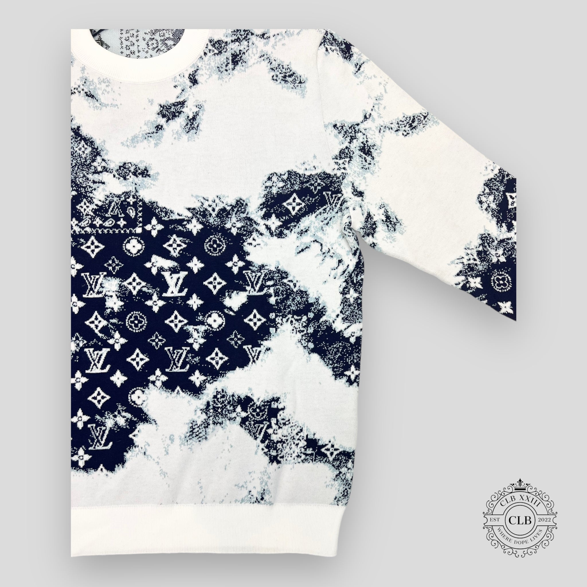 Pull ras du cou en jacquard monogramme dégradé Louis Vuitton blanc/bleu