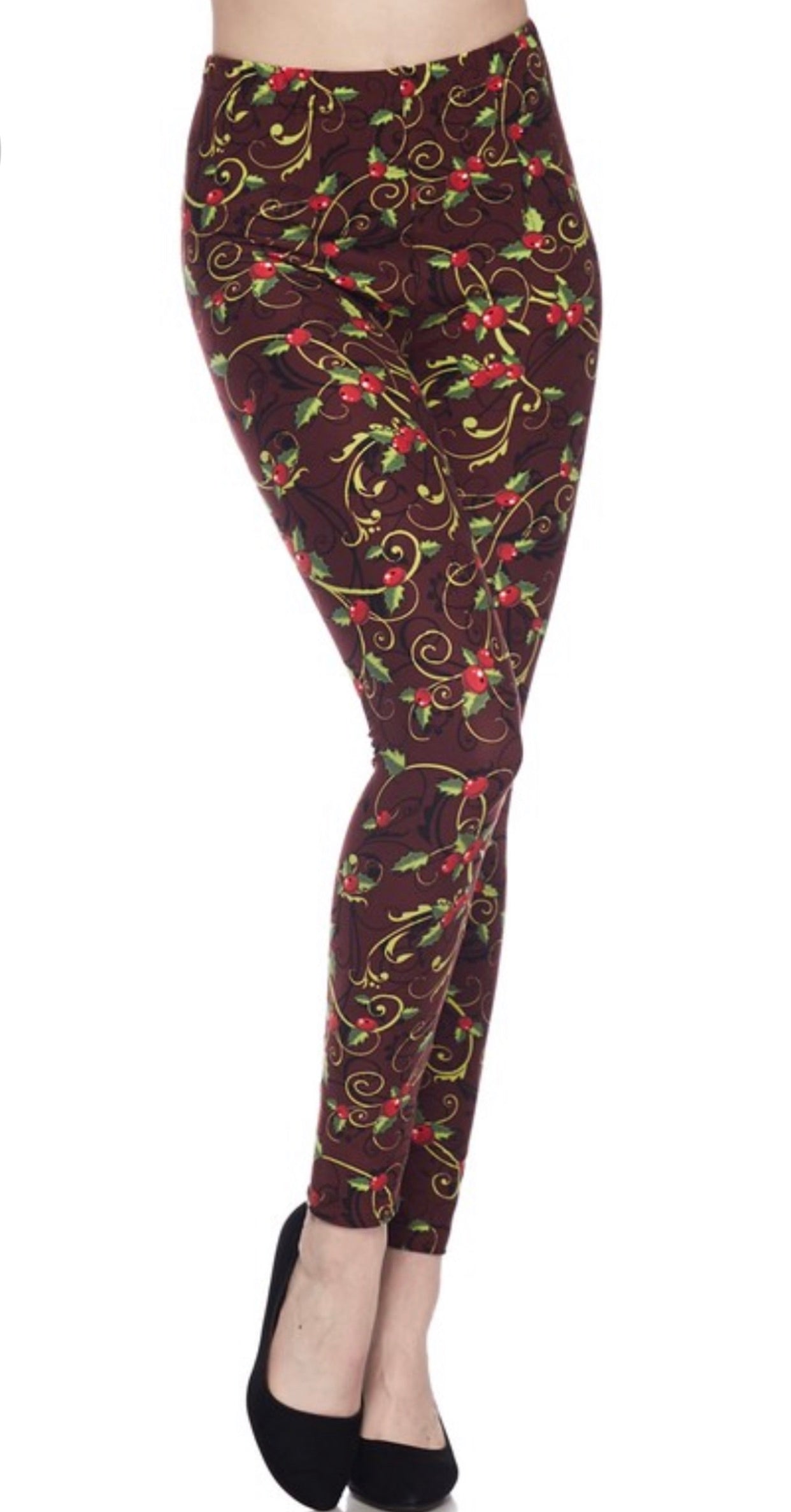 Legging grande taille imprimé houx de Noël brossé 3X4X