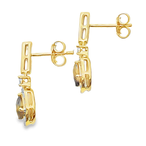 .84ct Quartz Diamond Dangle Earrings 10KT Yellow Gold