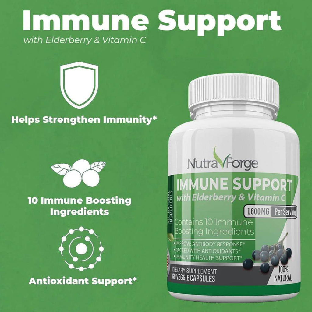Complément de soutien immunitaire avec Sureau, Vitamine C, Échinacée, Zinc, Ail, Curcuma 1600mg SANS OGM, GMP