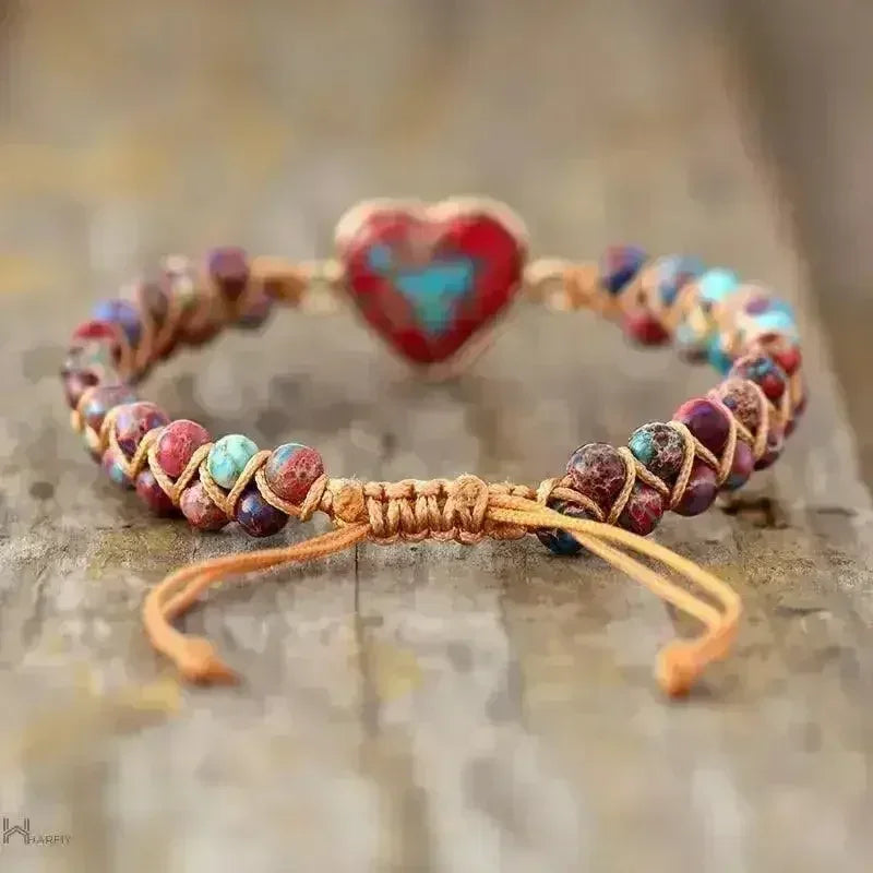 Bracelet en Jaspe Impérial – Jaspe Rouge Ancrage | Macramé Breloque Cœur
