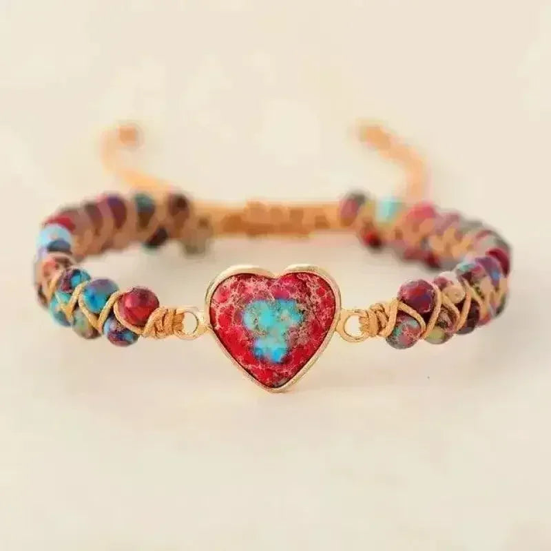 Bracelet en Jaspe Impérial – Jaspe Rouge Ancrage | Macramé Breloque Cœur