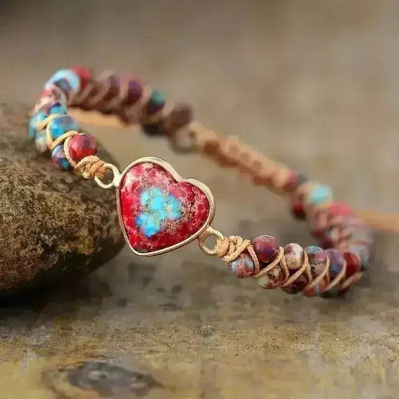 Bracelet en Jaspe Impérial – Jaspe Rouge Ancrage | Macramé Breloque Cœur