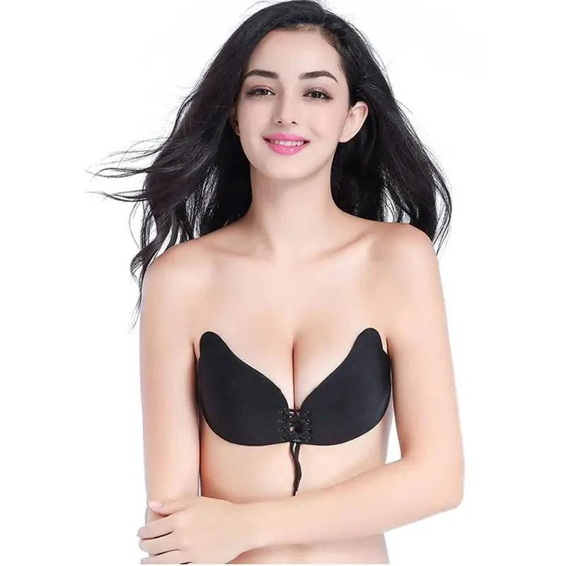 Soutien-gorge invisible sans bretelles incroyable Soutien-gorge push-up sans couture en silicone pour femme Lingerie noire à cordon Bralette