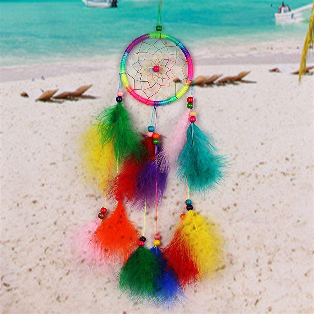 Attrape-rêves de style indien Carillons éoliens faits à la main Pendentif suspendu Attrape-rêves pour chambre à coucher Décorations murales Fleurs en plumes Attrape-rêves pour filles Enfants Crèche Décoration murale Cadeau de festival