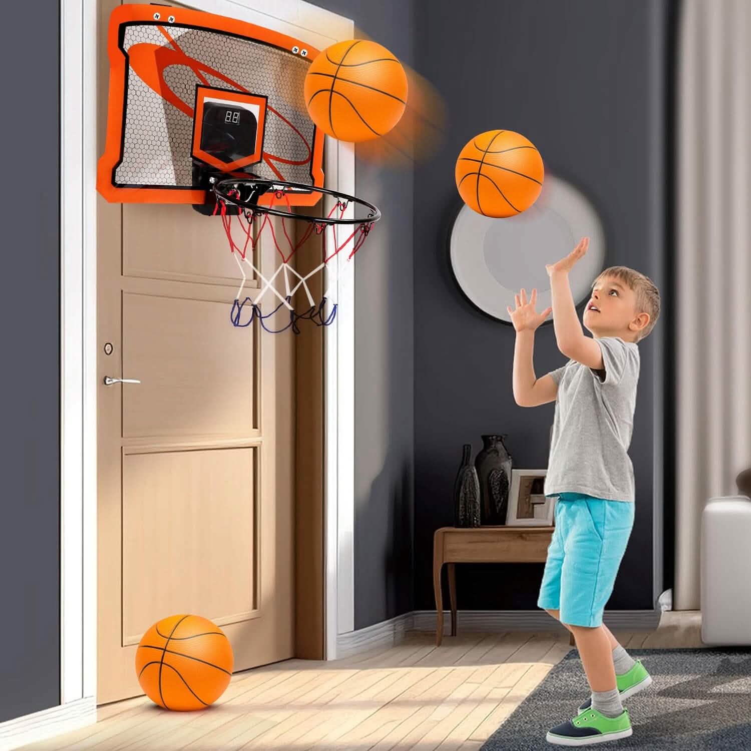 Mini panier de basket d'intérieur avec 4 ballons gonflables et marqueur sonore électrique