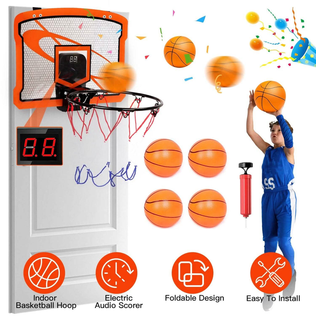 Mini panier de basket d'intérieur avec 4 ballons gonflables et marqueur sonore électrique