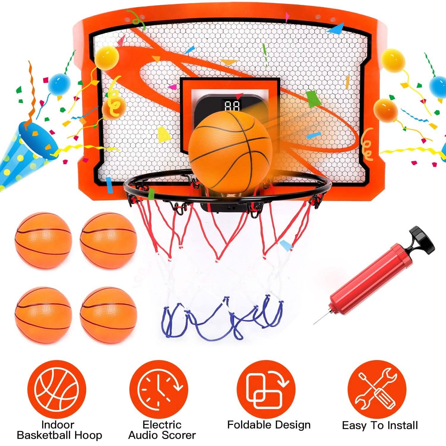 Mini panier de basket d'intérieur avec 4 ballons gonflables et marqueur sonore électrique