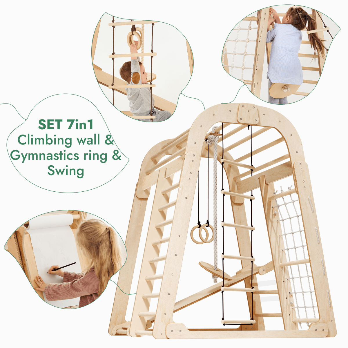 Aire de jeux intérieure pour enfants - Aire de jeux 7 en 1 + Balançoires + Toboggan + Kit d'activités artistiques