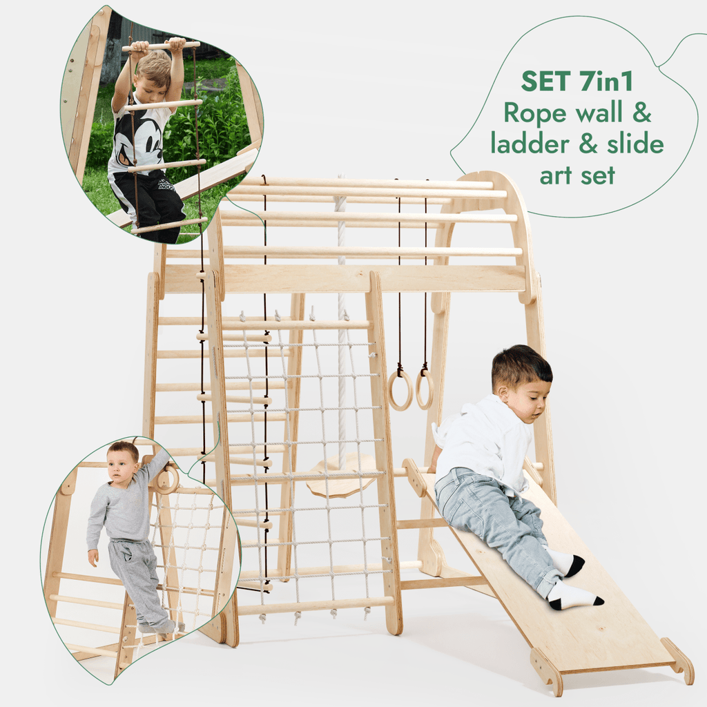Aire de jeux intérieure pour enfants - Aire de jeux 7 en 1 + Balançoires + Toboggan + Kit d'activités artistiques
