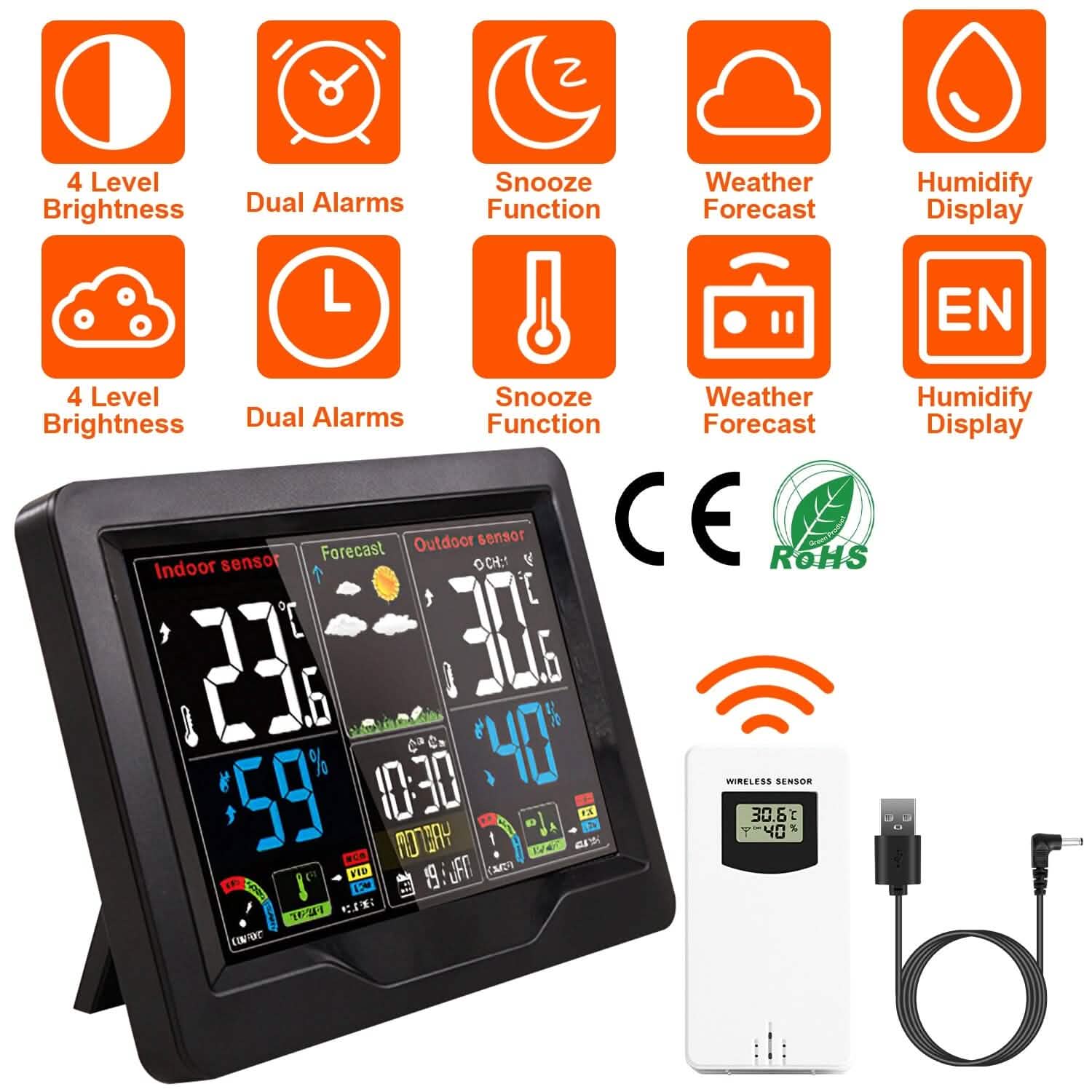 Thermomètre intérieur/extérieur d'humidité de prévision météo avec rétroéclairage
