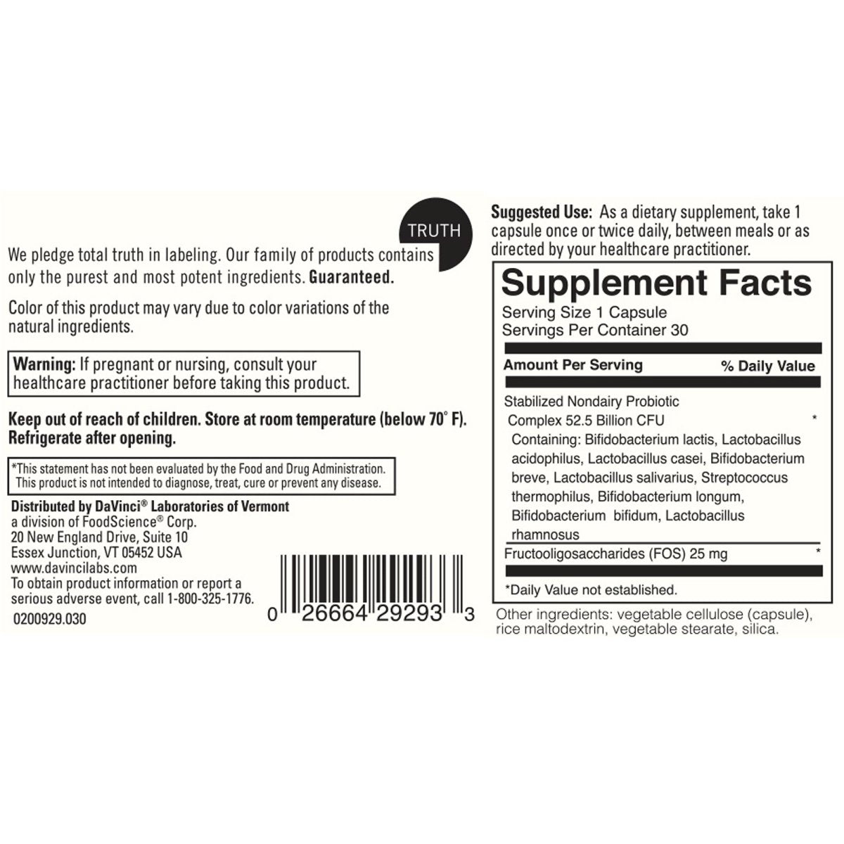 Davinci Labs Probiotique Sans Produits Laitiers 50 30 Gélules
