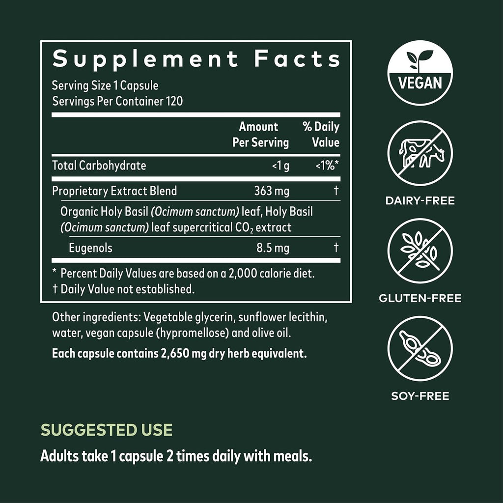 Gaia Herbs Holy Basil Leaf - an Adaptogenic Ayurvedic Herb - 120 Vegan Liquid Phyto-Capsules (60-Day Supply)