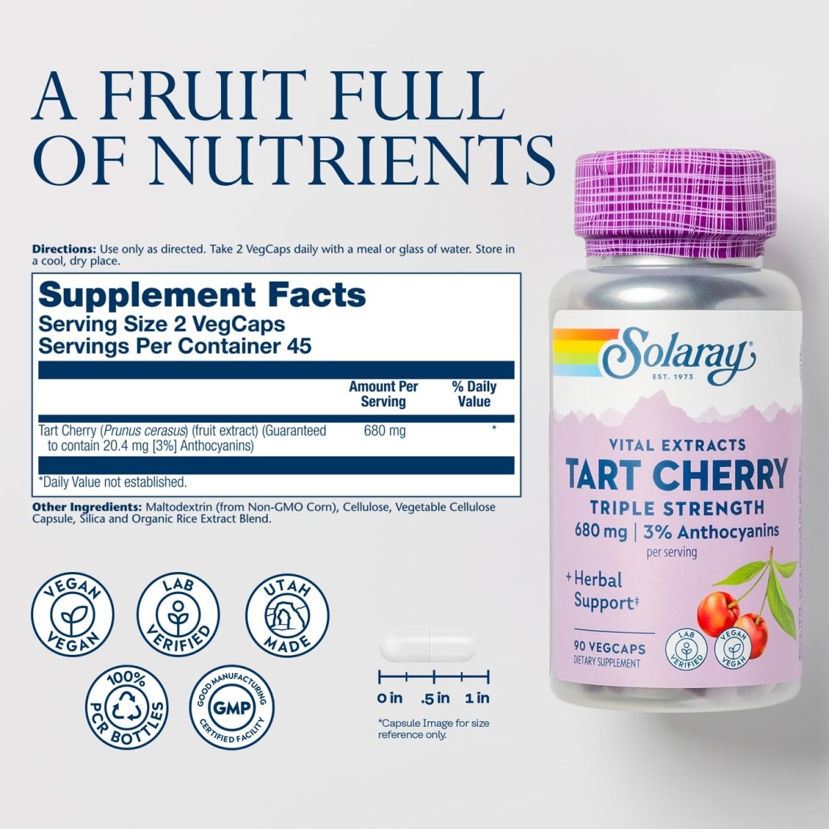 SOLARAY Extrait de Cerise Griotte Triple Action - Capsules de Cerise Griotte avec Antioxydants et Anthocyanes pour le Soutien des Niveaux d'Acide Urique - Végétalien, Garantie 60 Jours - 45 Portions, 90 Gélules Végétales