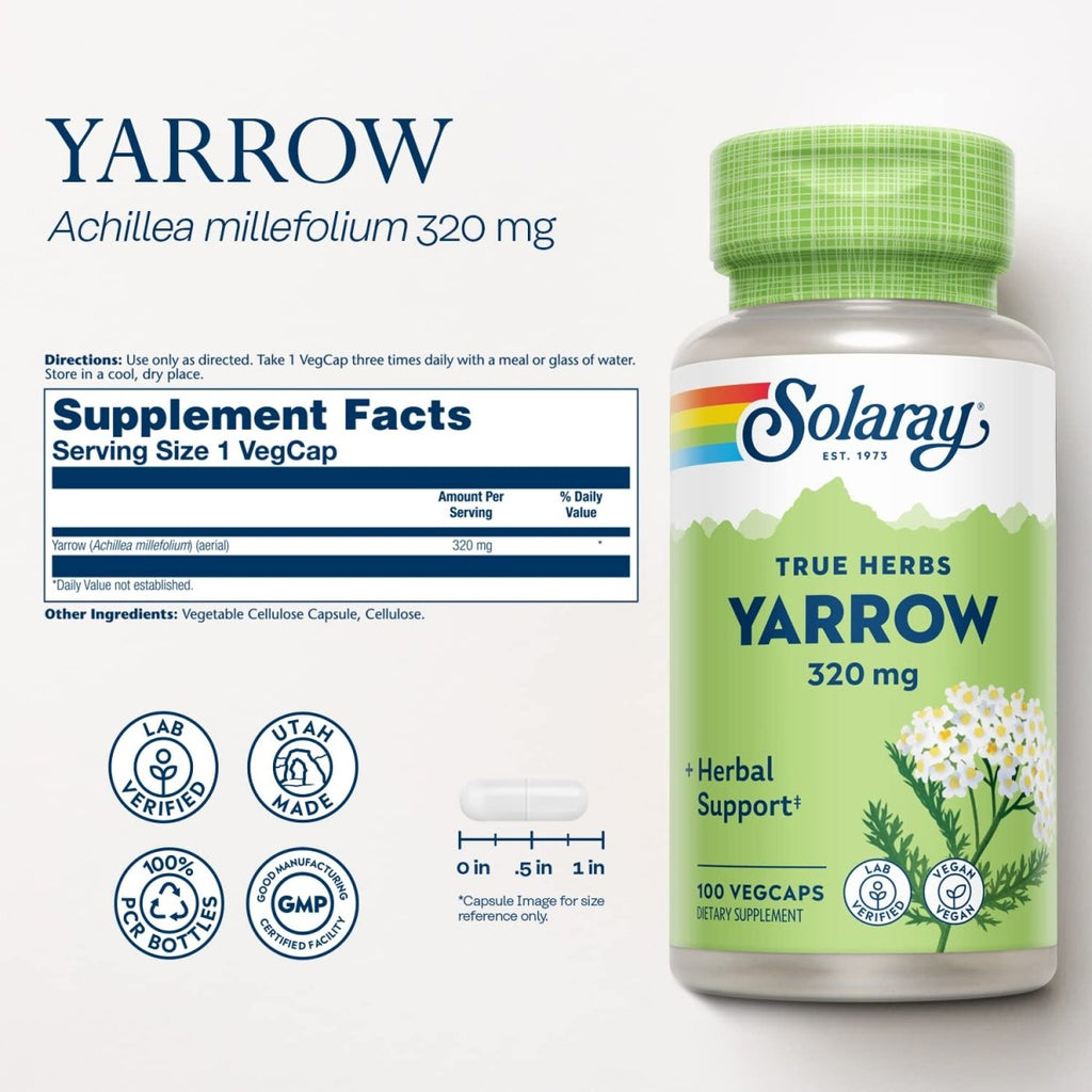 Solaray Achillée millefeuille 320 mg, Parties aériennes entières, Soutien Herbal de l'Appétit et du Confort Gastro-intestinal, Vérifié en laboratoire, Garantie de remboursement de 60 jours, 100 Portions, 100 Gélules végétales
