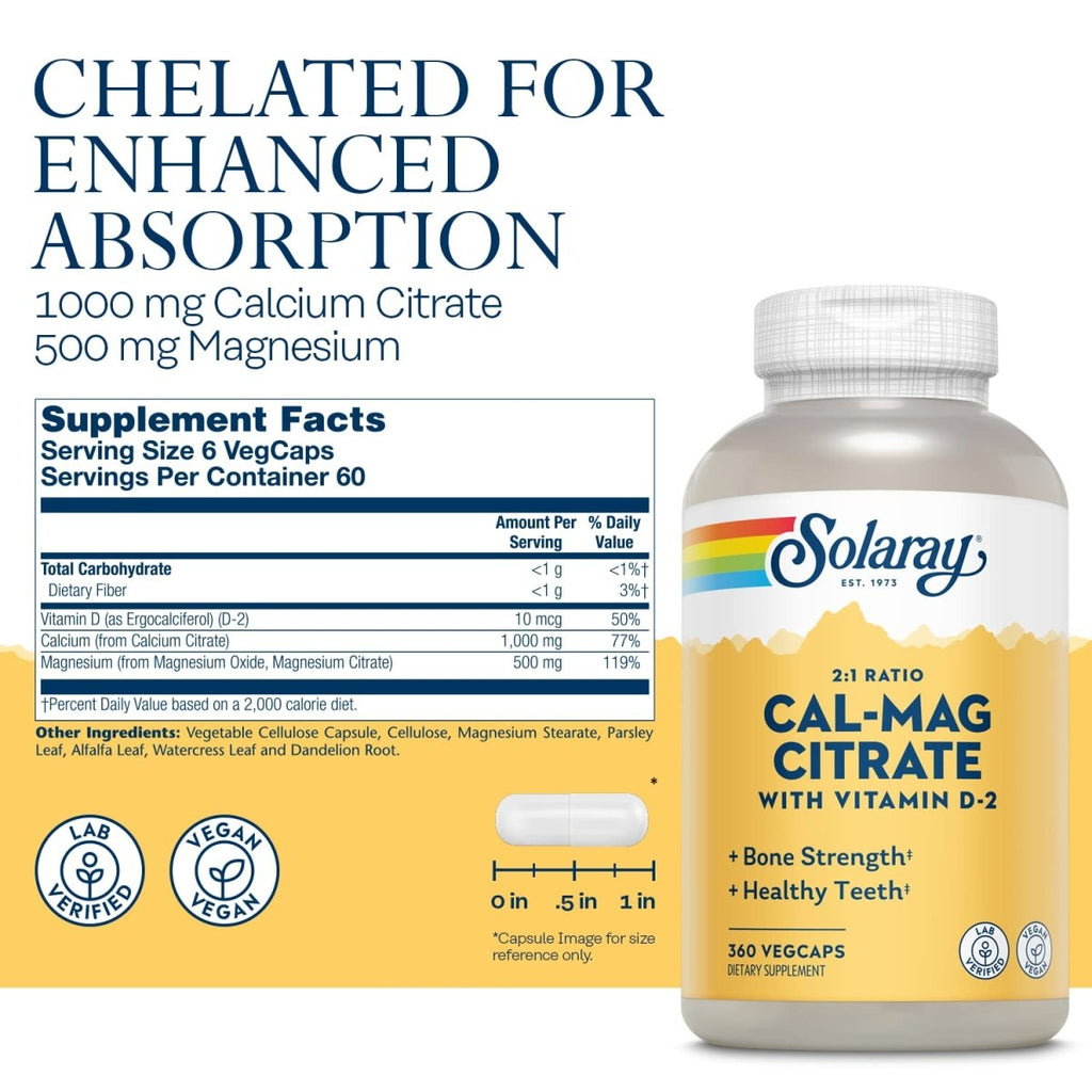 Solaray Calcium Magnesium Citrate Ratio 2:1 avec Vitamine D2, Soutien des os, des muscles et des nerfs, 60 portions, 360 VegCaps