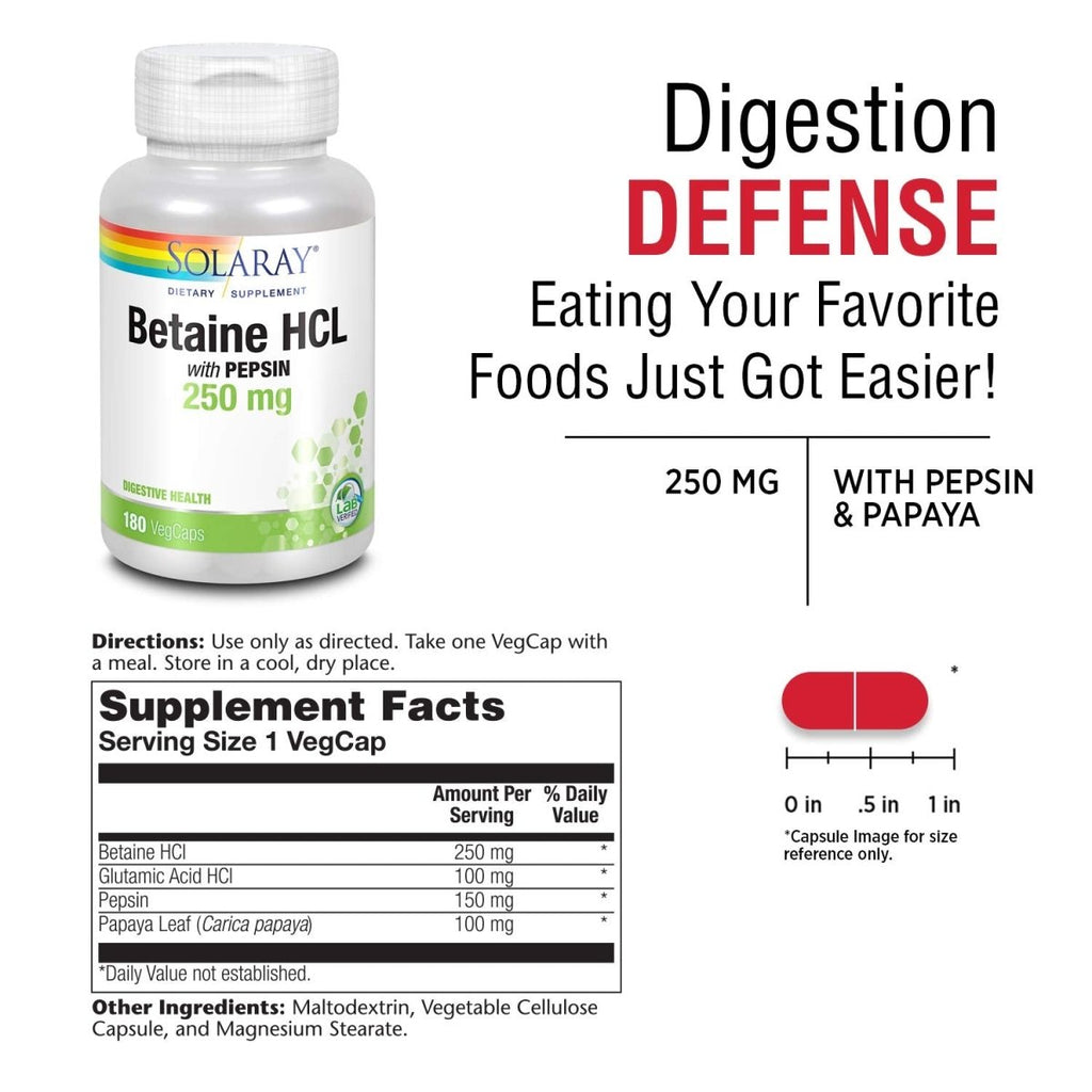 SOLARAY HCL avec Pepsine - Soutien Digestif - 250 MG (180 Gélules)