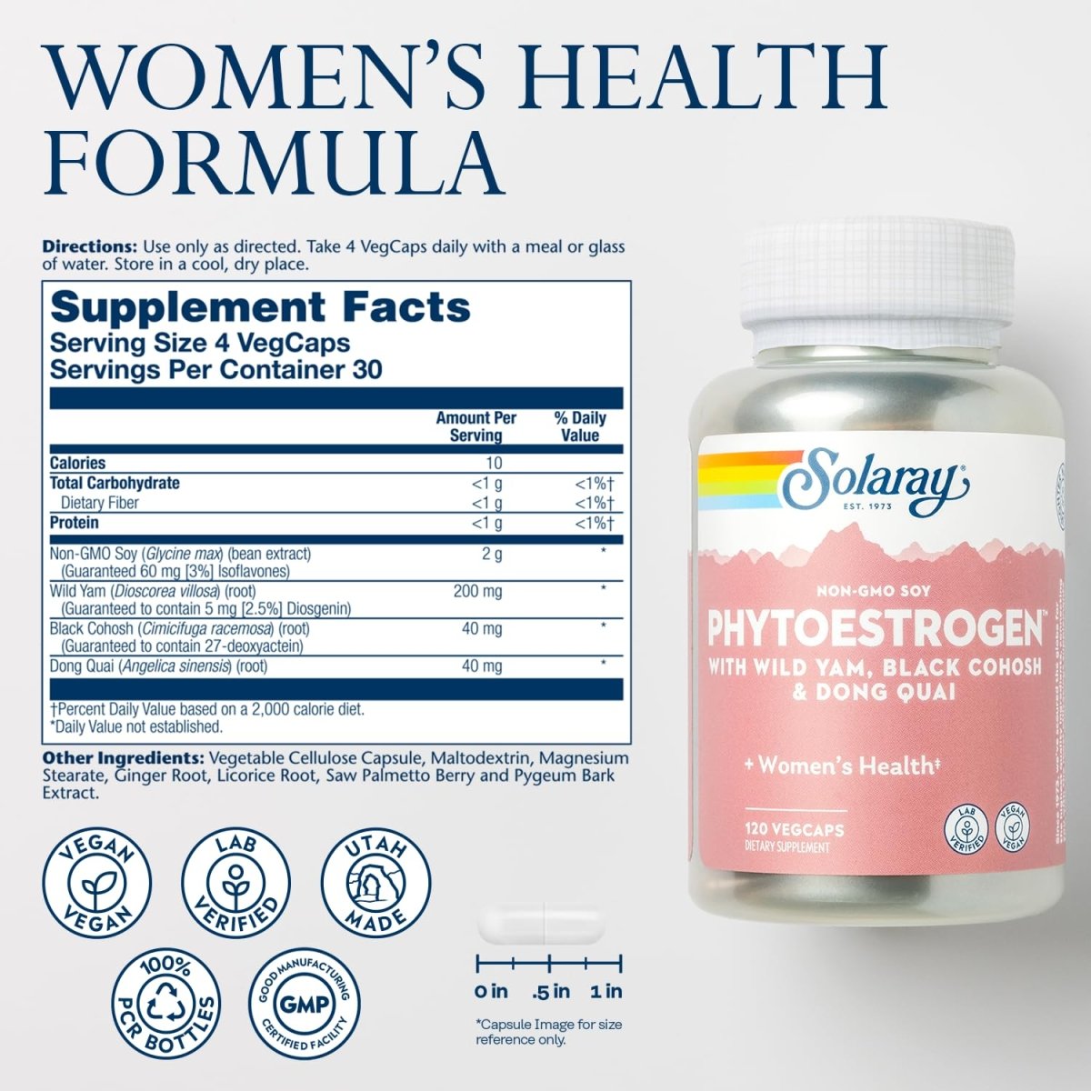 Solaray PhytoEstrogen Menopause Support Wild Yam, Black Cohosh & Dong Quai for Womens Health (30 Serv, 120 VegCaps)
