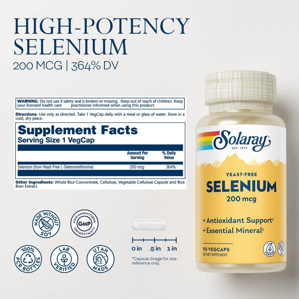 Solaray Sélénium Sans Levure 200µg, Soutien pour un Système Immunitaire Sain et la Fonction Thyroïdienne, Haute Absorption, Végan, 90 Gélules Végétales