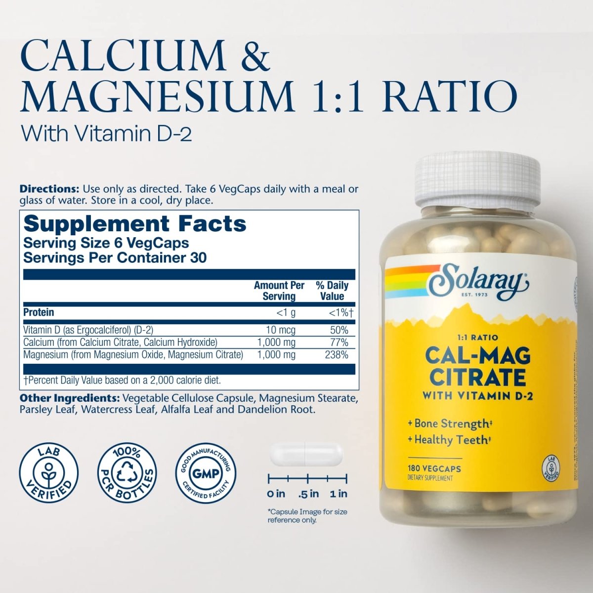 SOLARAY Citrate de Calcium et Magnésium avec Vitamine D-2, Ratio 1:1 pour la Santé des Os, Dents, Muscles et Fonctionnement du Système Nerveux, Haute Absorption, 180 Comprimés