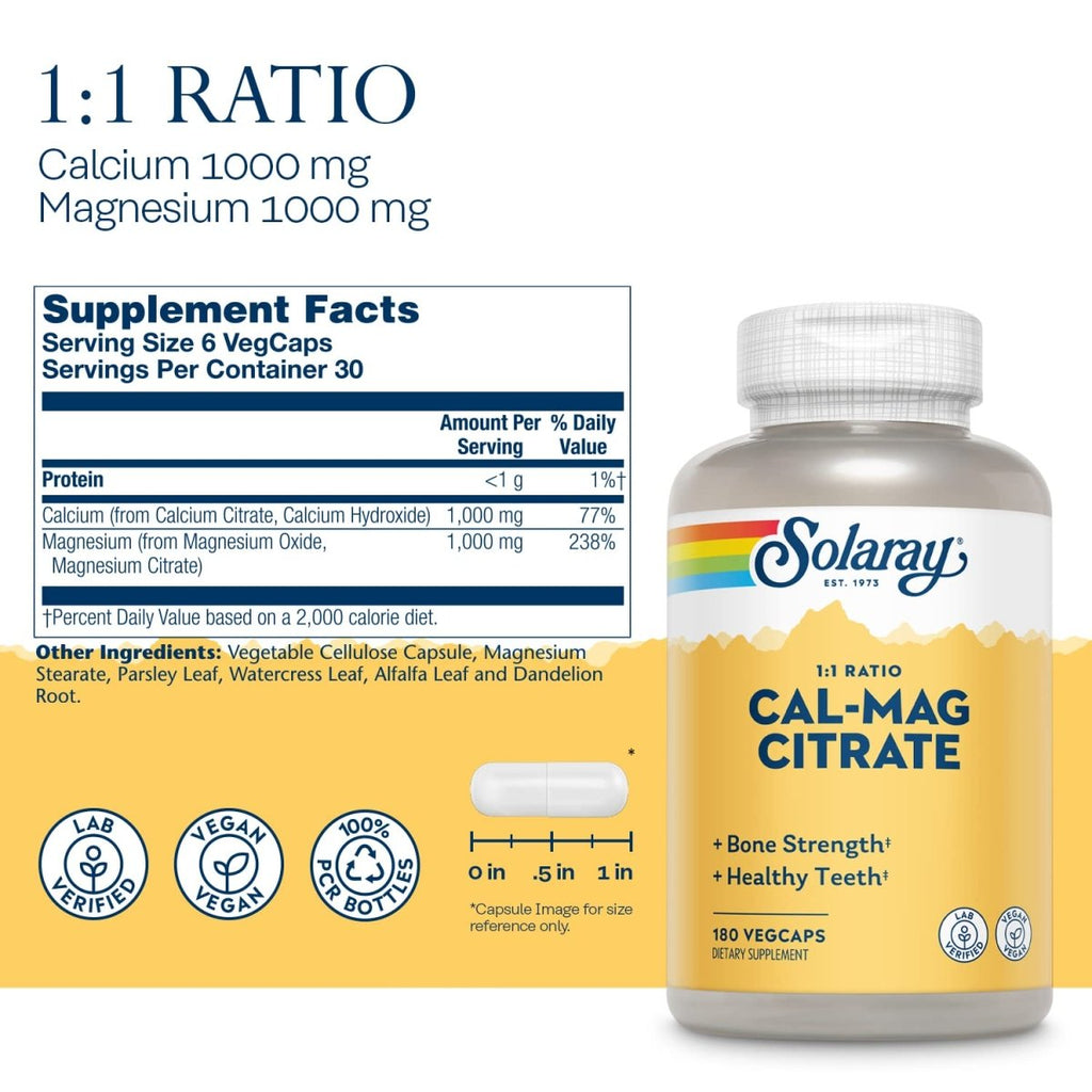 Solaray Calcium Magnésium Citrate Rapport 1:1, Soutien des Os, des Dents, des Muscles et du Système Nerveux, 30 portions, 180 VegCaps