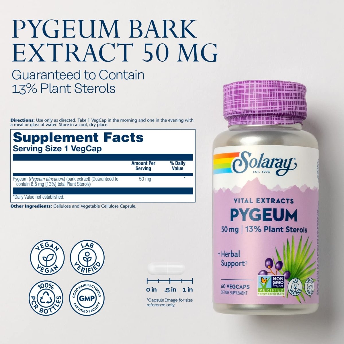 Solaray Extrait d'écorce de Pygeum 50mg Soutien à la prostate saine Garanti de contenir 6,5mg de stérols végétaux totaux Sans OGM 60 VegCaps