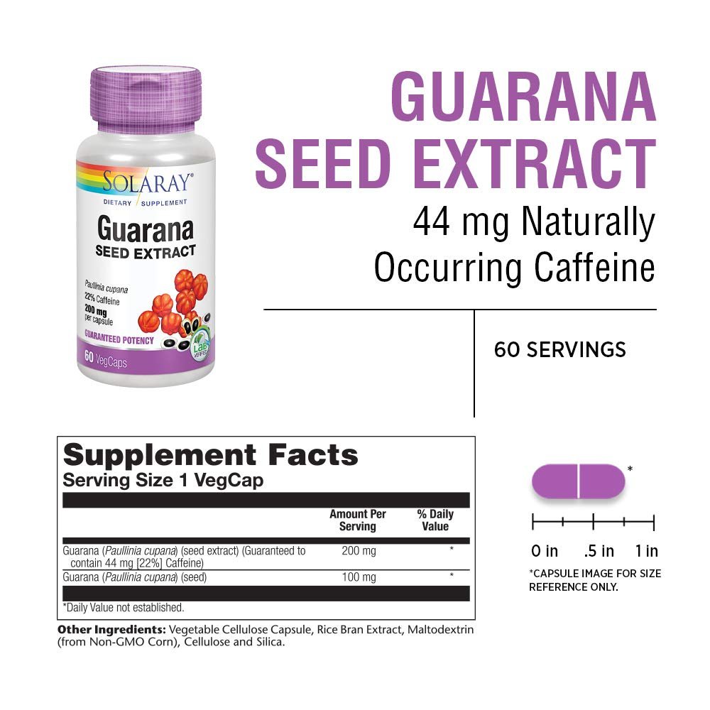 SOLARAY Extrait de Graine de Guarana 300mg 44 mg de Caféine 60 Gélules Végétales
