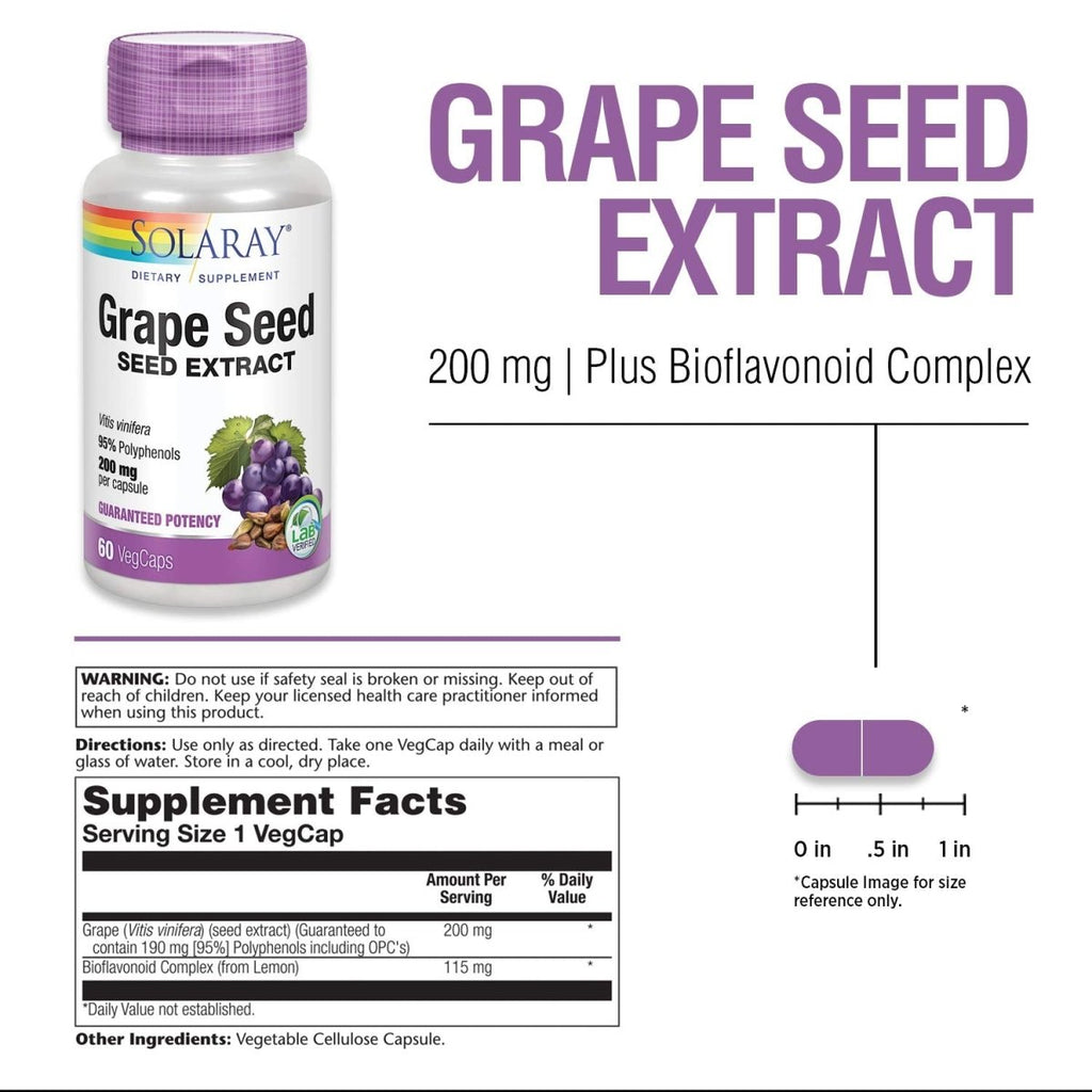 SOLARAY Extrait de Pépins de Raisin 200 mg Plus Complexe Bioflavonoïde - 60 VegCaps - Soutien Cardiovasculaire et des Vaisseaux Sanguins