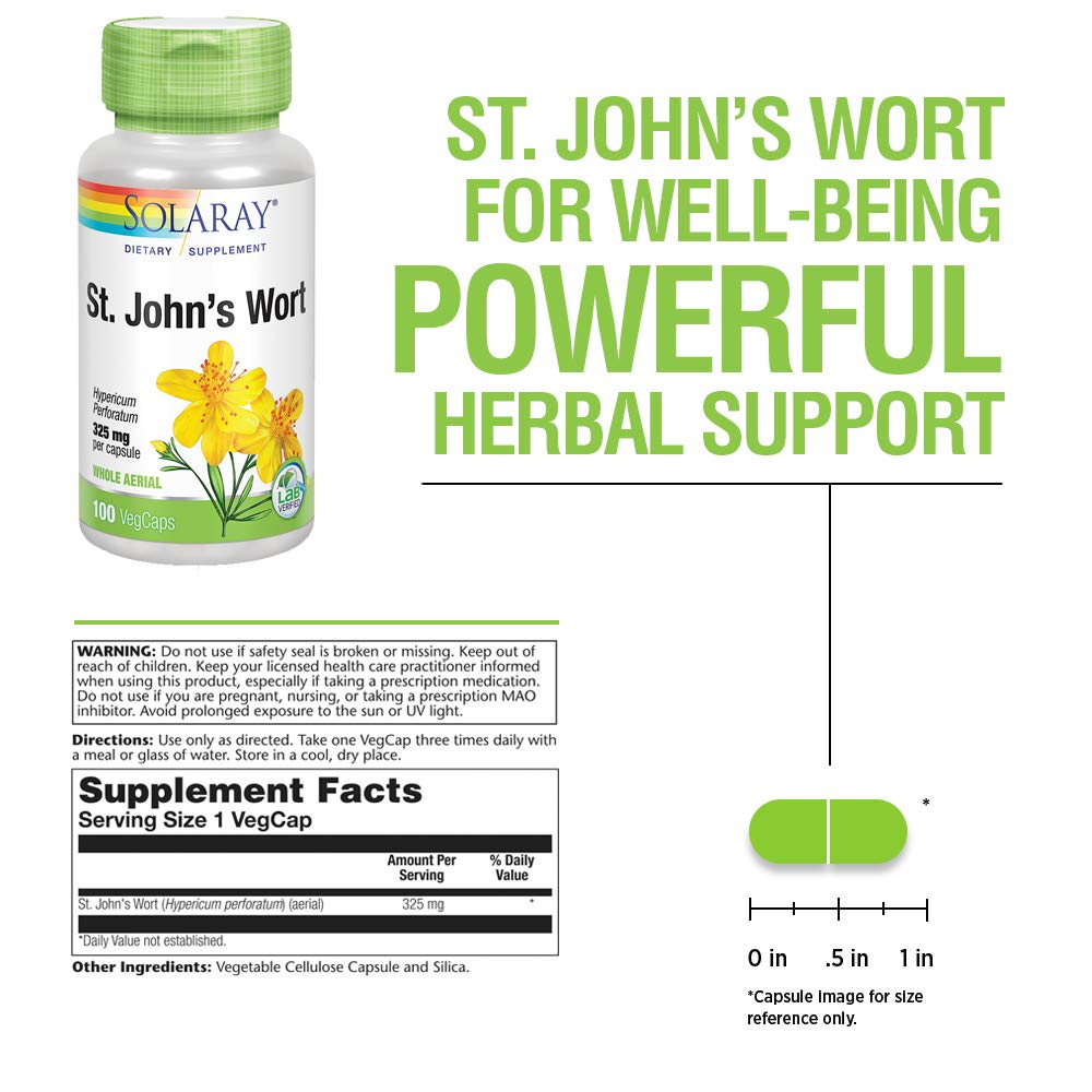 SOLARAY Millepertuis 325mg Partie Aérienne Entière Sans OGM, Vérifié en Laboratoire Vegan (100 CT)