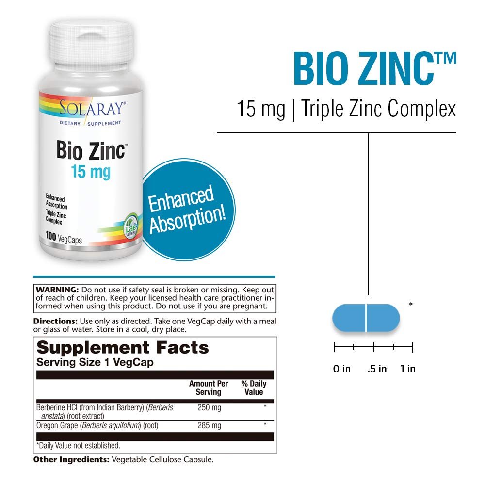 Solaray Bio Zinc 15 mg 100 Végi-capsules