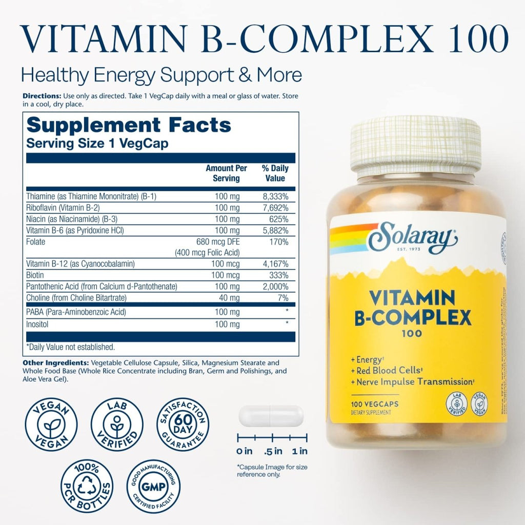 SOLARAY Vitamine B-Complex 100 mg - Soutien Vital pour l'Énergie, les Cellules Sanguines et les Nerfs - 100 Végicaps (100 Unités)