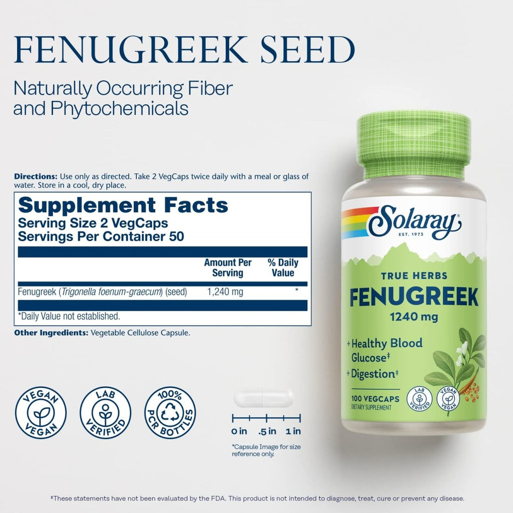 SOLARAY Graines de fenugrec 1240 mg, pour une digestion saine et plus, végétalien et vérifié en laboratoire pour la qualité, 50 portions, 100 VegCaps