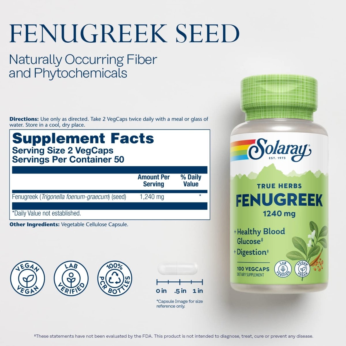 SOLARAY Graines de fenugrec 1240 mg, pour une digestion saine et plus, végétalien et vérifié en laboratoire pour la qualité, 50 portions, 100 VegCaps