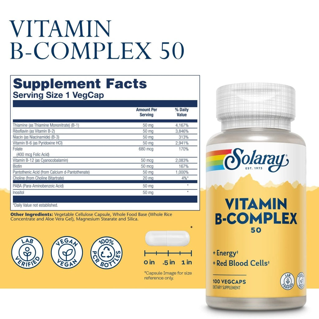 Solaray Complexe B 50mg - Soutien Complet en Vitamines B pour l'Énergie et le Bien-être Général - 100 Comprimés