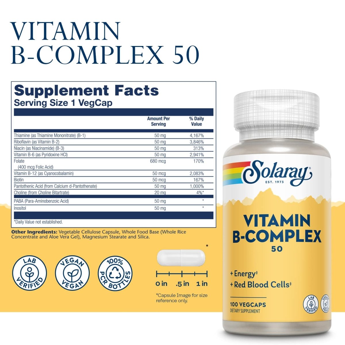 Solaray Complexe B 50mg - Soutien Complet en Vitamines B pour l'Énergie et le Bien-être Général - 100 Comprimés