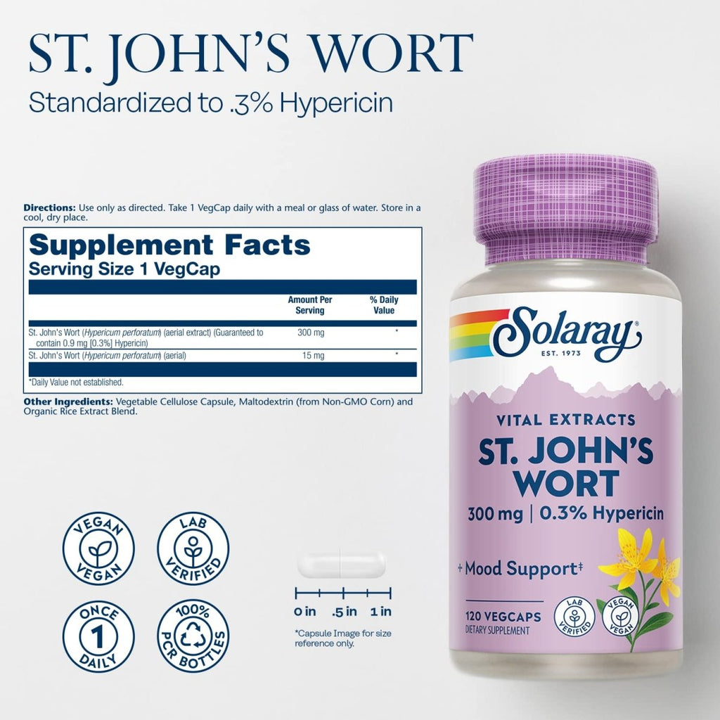 SOLARAY Millepertuis (Hypericum perforatum) Extrait de partie aérienne 300 mg, 0,3% Hypéricine, Soutien de l'humeur et de la santé cérébrale, Végan et vérifié en laboratoire pour la qualité, 120 portions, 120 VegCaps