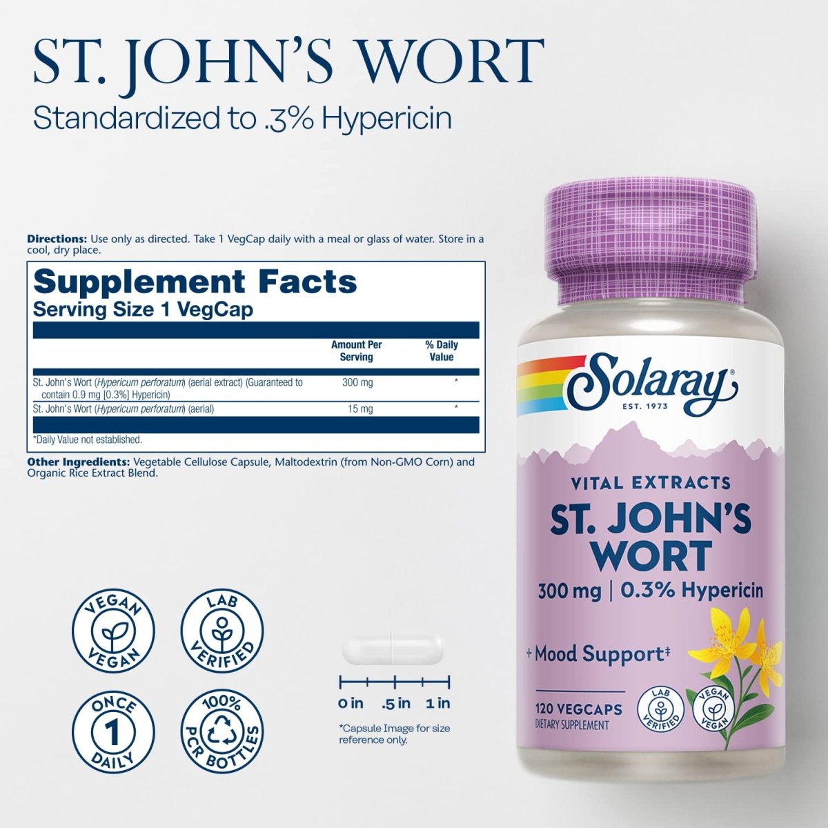 SOLARAY Millepertuis (Hypericum perforatum) Extrait de partie aérienne 300 mg, 0,3% Hypéricine, Soutien de l'humeur et de la santé cérébrale, Végan et vérifié en laboratoire pour la qualité, 120 portions, 120 VegCaps