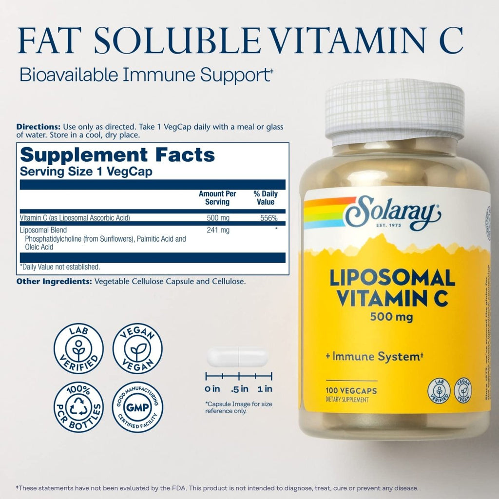 Solaray Vitamine C Liposomale 500 mg Système Immunitaire Sain, Synthèse de Collagène et Soutien Antioxydant Tamponné avec Acides Gras 100 Végécapsules
