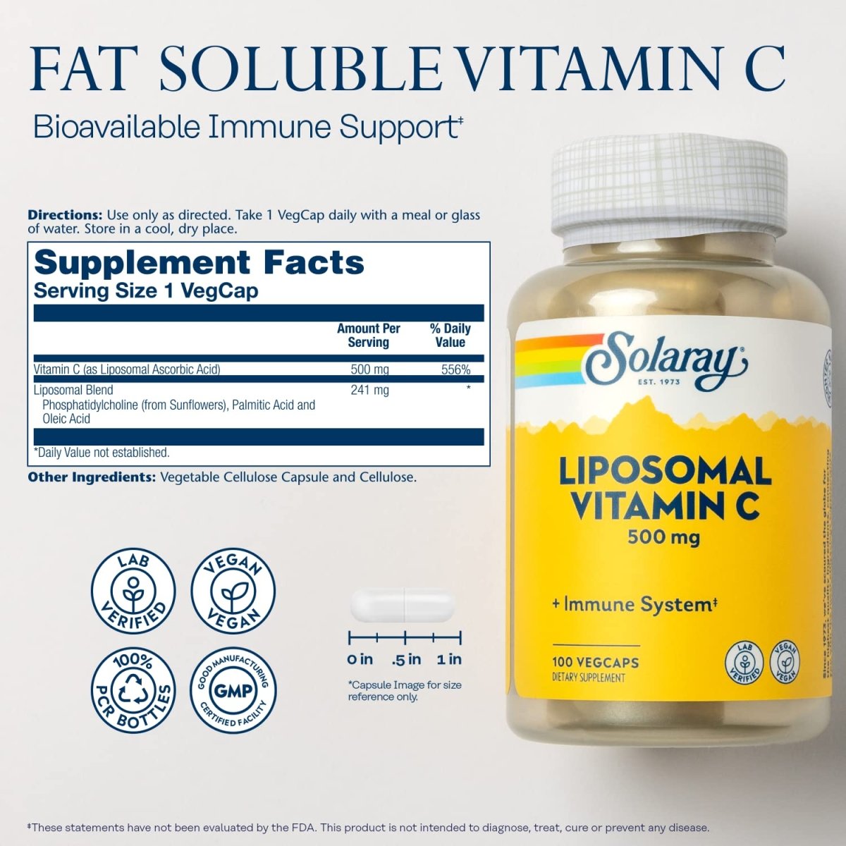 Solaray Vitamine C Liposomale 500 mg Système Immunitaire Sain, Synthèse de Collagène et Soutien Antioxydant Tamponné avec Acides Gras 100 Végécapsules