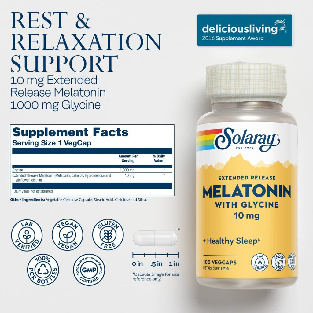Mélatonine SOLARAY 10 mg avec Glycine, à libération prolongée, Favorise un cycle de sommeil sain et une relaxation apaisante, 100 gélules végétales