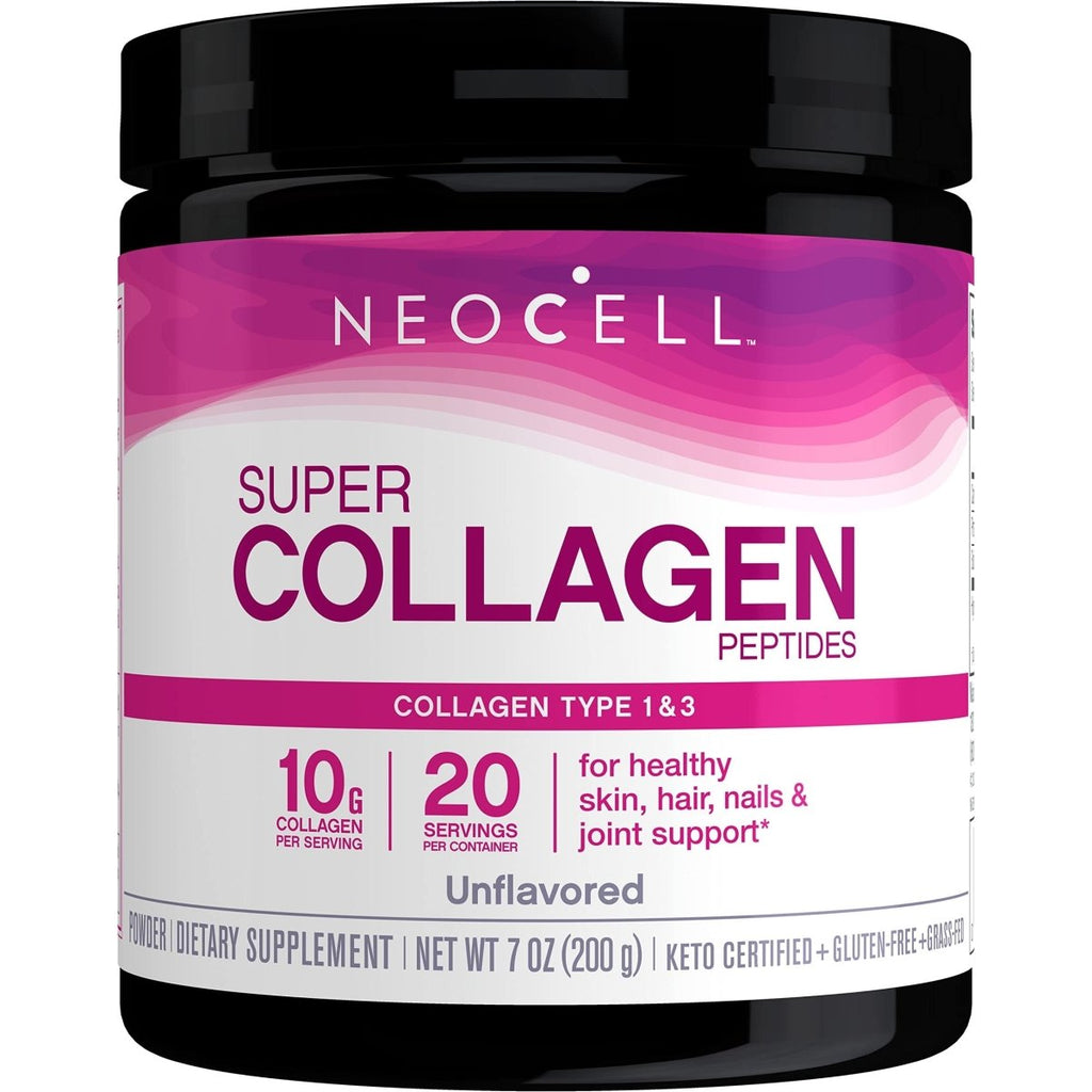 NeoCell Super Collagène Peptides, 10 g de peptides de collagène par portion, sans gluten, compatible céto, sans OGM, nourri à l'herbe, pour des cheveux, une peau, des ongles et des articulations sains, poudre sans saveur, 198 g, 1 pot