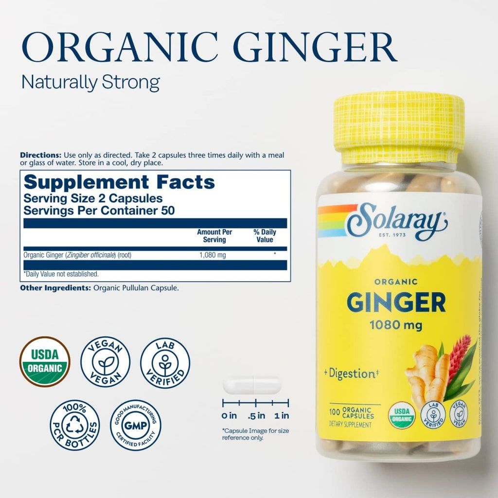 SOLARAY Gingembre biologique 540 mg Soutien cardiovasculaire, digestif, articulaire et cycle menstruel sain Vegan et sans OGM 100 VegCaps