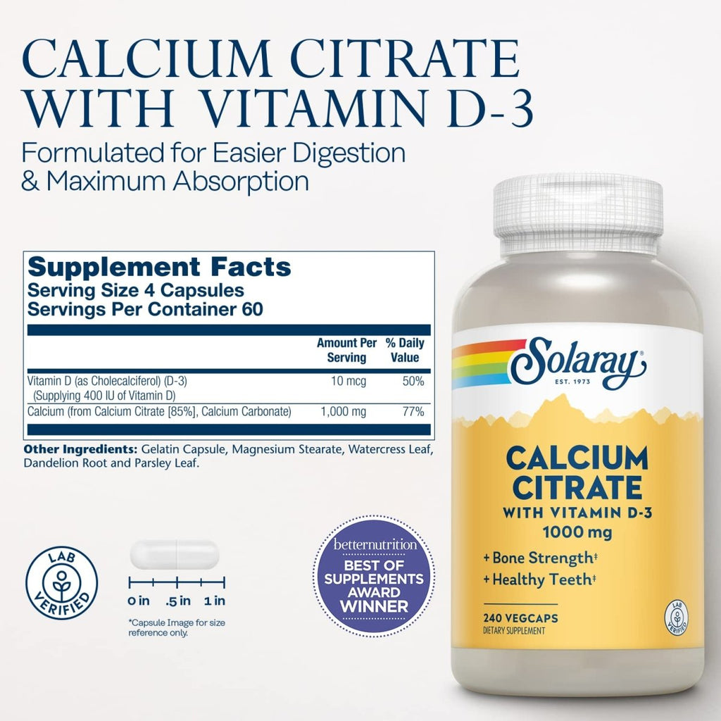 Solaray Citrate de Calcium avec Vitamine D3 1000mg, Soutien des Os et des Dents, du Cœur, des Muscles et des Nerfs, 60 portions, 240 Gélules Végétales